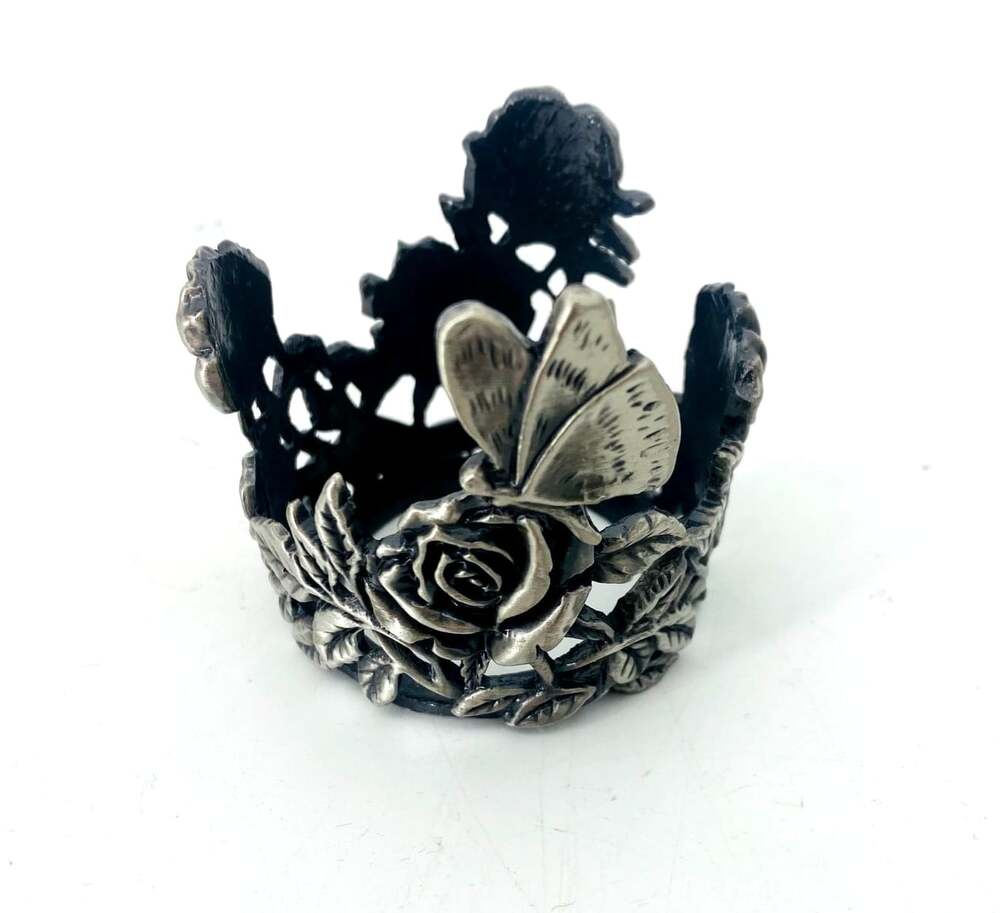 Vintage Pewter Rose Butterfly Votive Tea Light Candle Holder Gothic Cottagecore